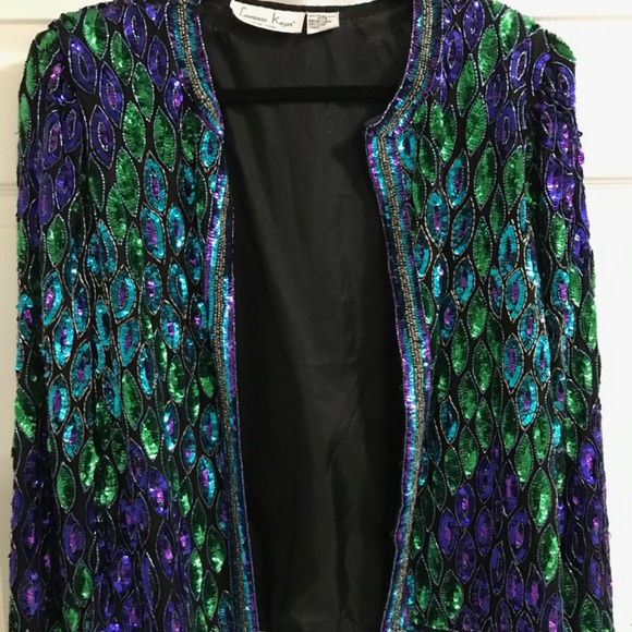 Laurence Kazar Vintage Jacket Large Peacock Blue/Green Sequins - Picture 2 of 6